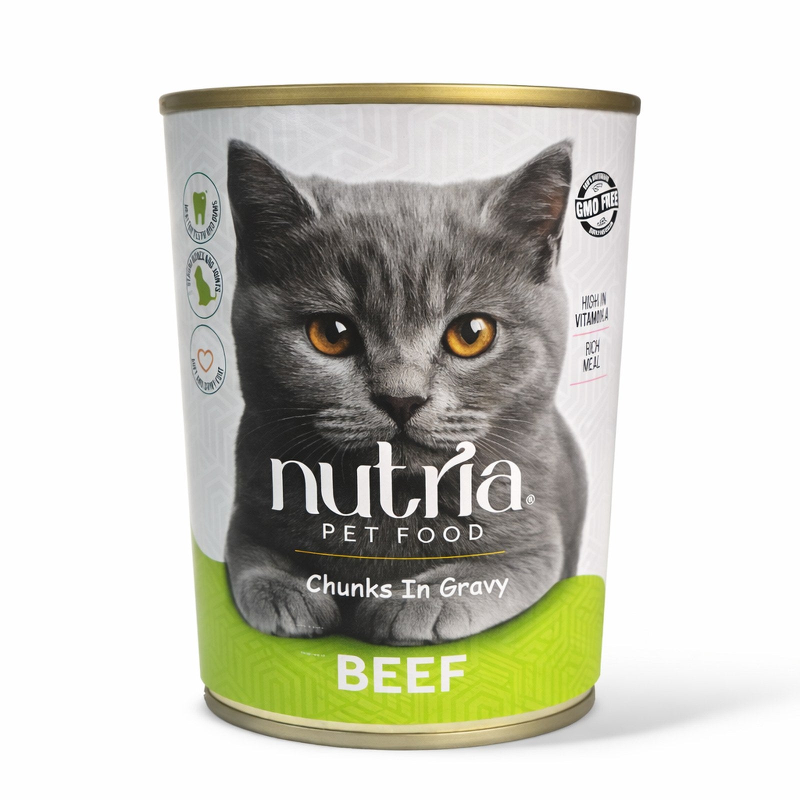 Can of Nutria cat food  chunks in gray beef taste with a gray cat on the label