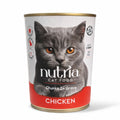 Can of Nutria cat food chunks in gravy chicken taste with a gray cat on the label