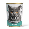 Can of Nutria cat food chunks in gravy tuna taste with a cat's face on the label