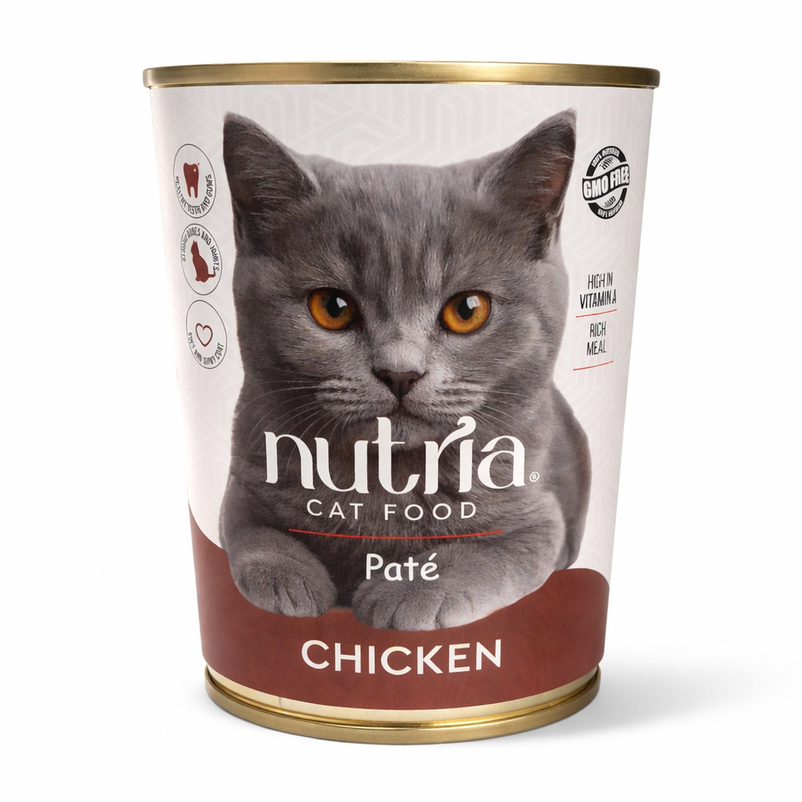 Can of Nutria cat food paté chicken taste with a gray cat on the label