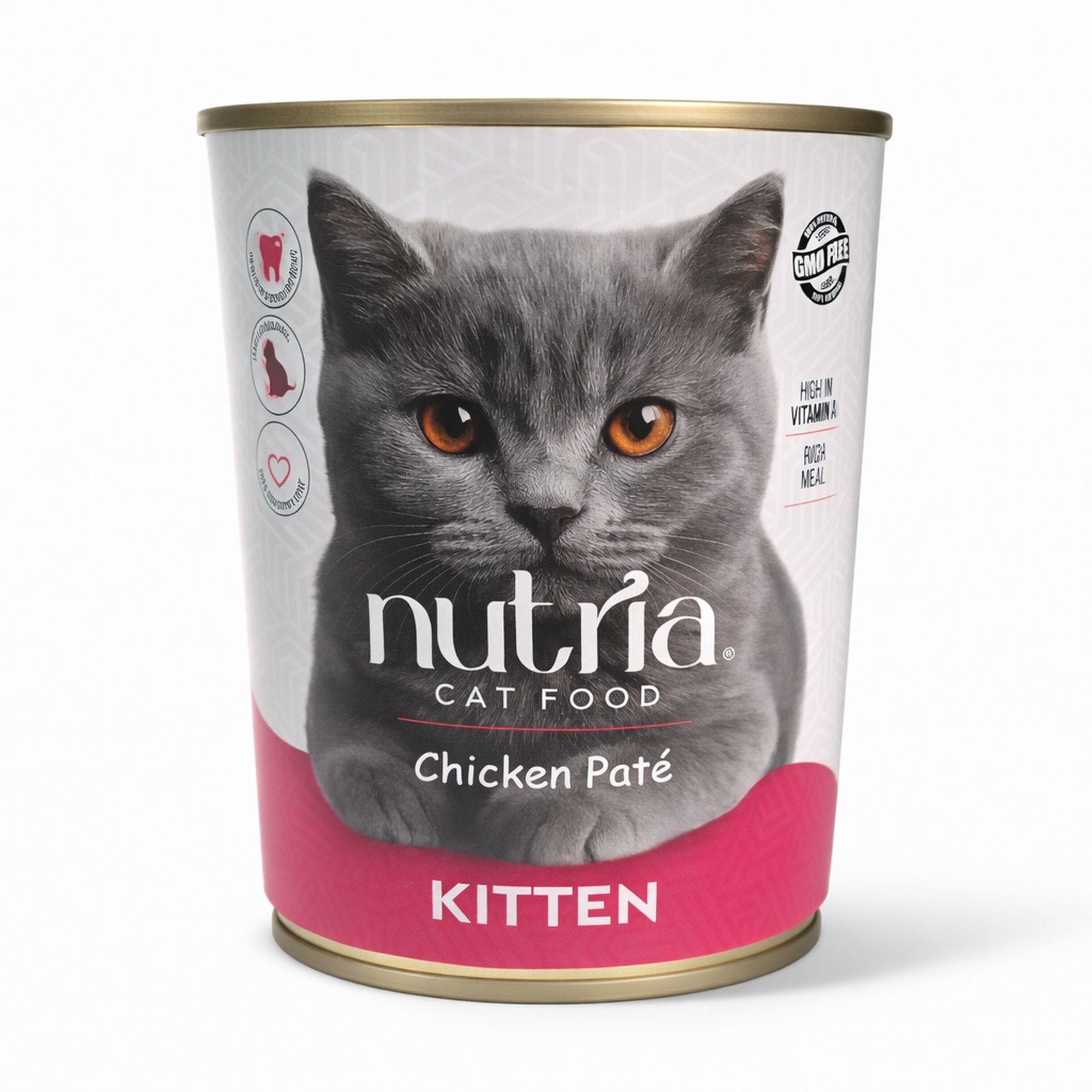 Can of Nutria Kitten Chicken Paté cat food with a gray cat on the label.