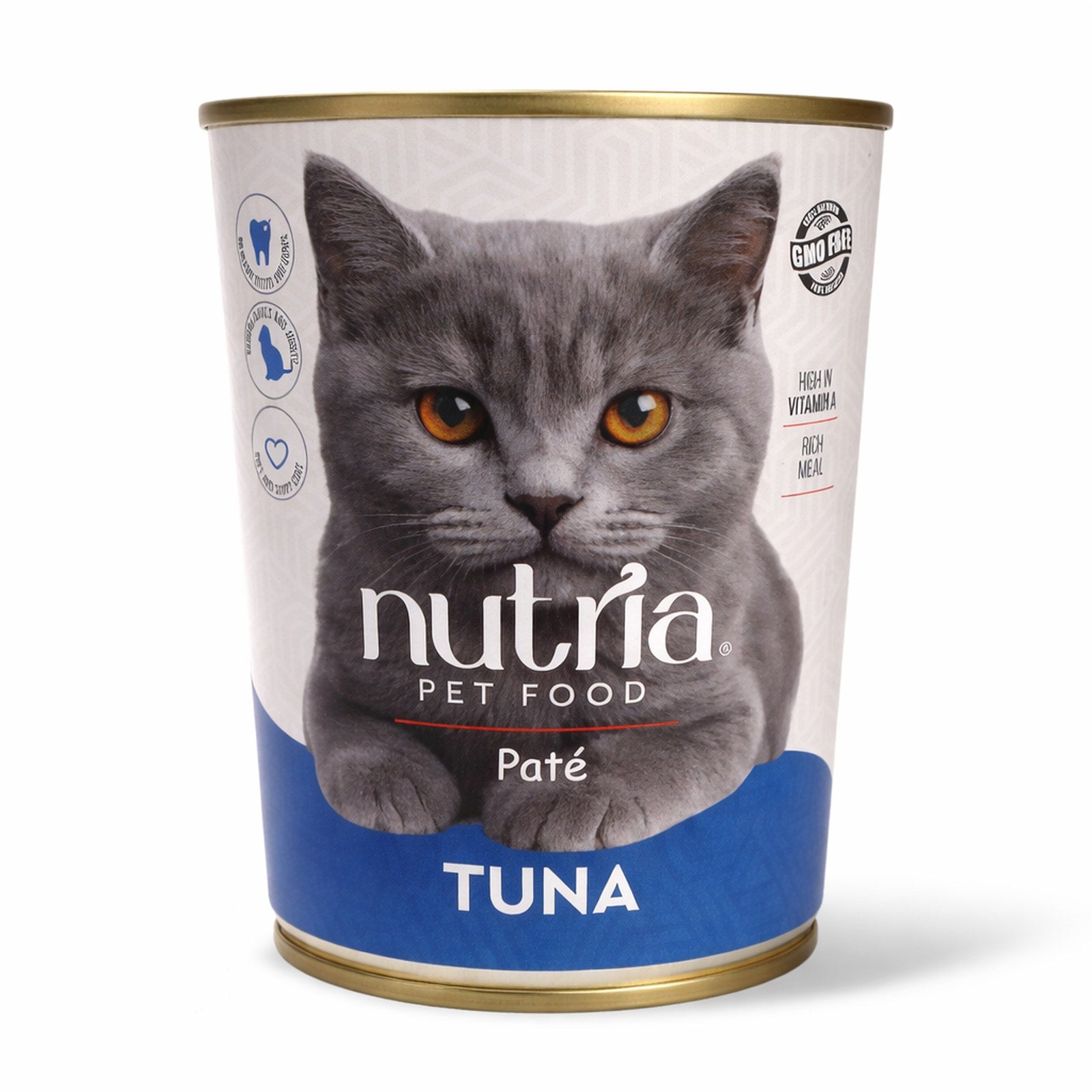 Can of Nutria tuna paté pet food with a cat on the label