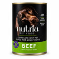 Packaged Nutria wet dog food can, Beef with Chunks in Gravy, with black and green label and dog image on a white background