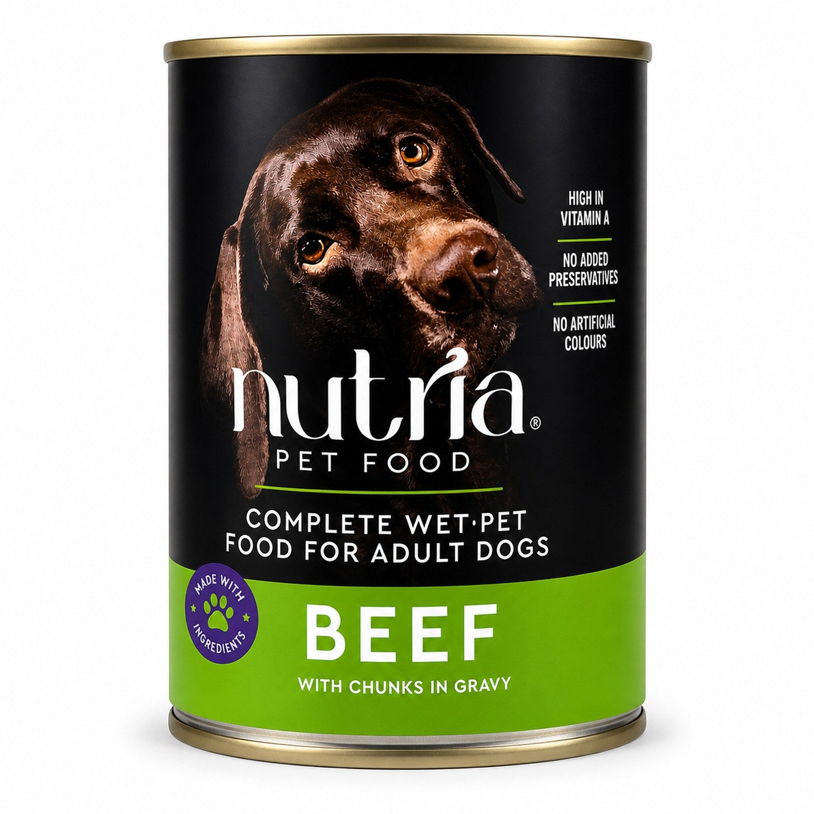 Packaged Nutria wet dog food can, Beef with Chunks in Gravy, with black and green label and dog image on a white background