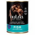 Packaged Nutria wet dog food can, Fish with Chunks in Gravy, with black and teal label and dog image on a white background.