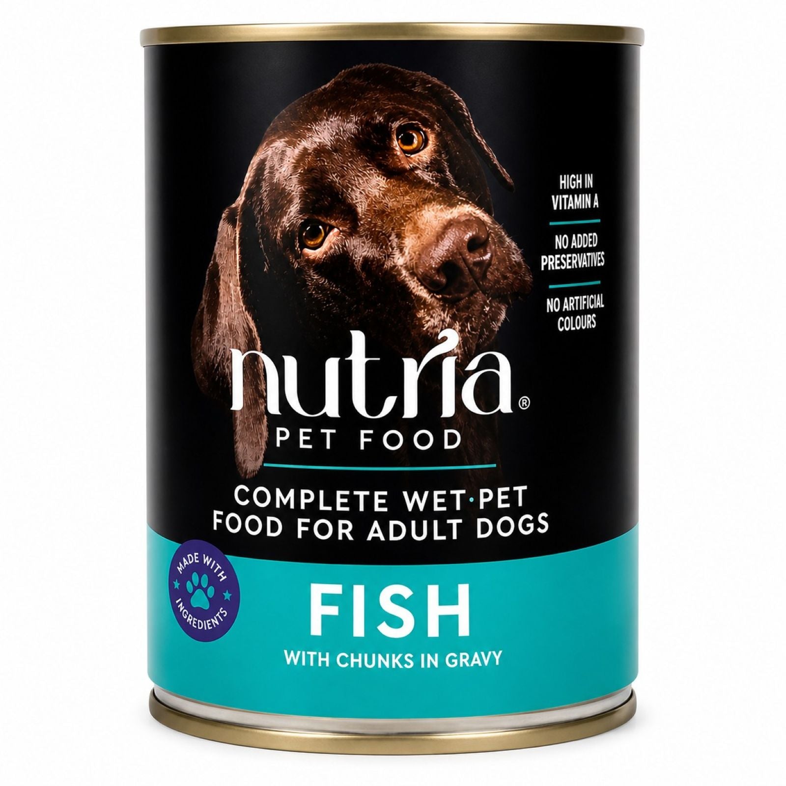 Packaged Nutria wet dog food can, Fish with Chunks in Gravy, with black and teal label and dog image on a white background.