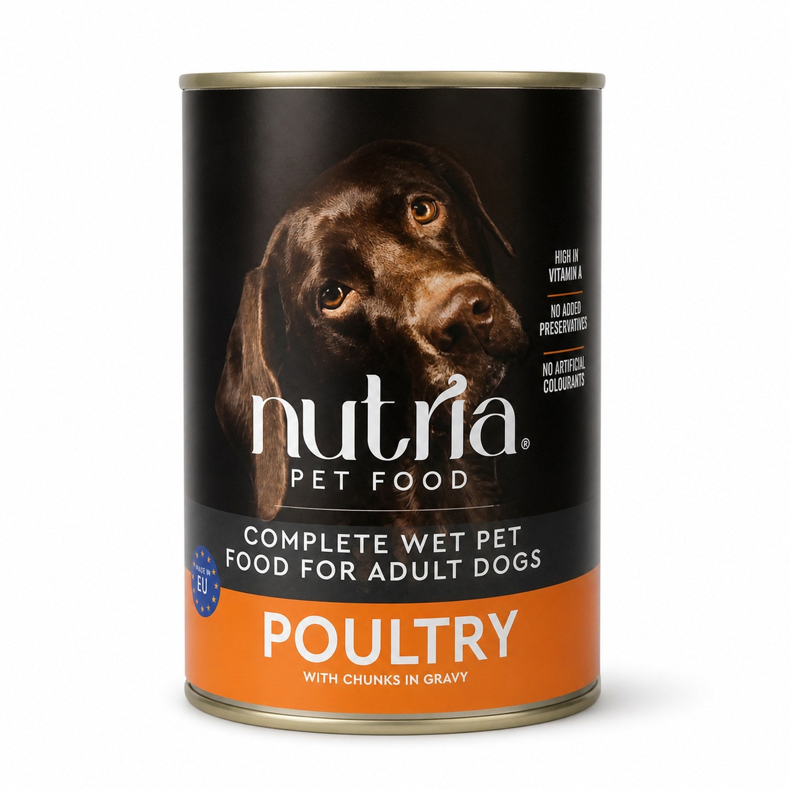 Packaged Nutria wet dog food can, Poultry with Chunks in Gravy, with black and orange label and dog image on a white background.