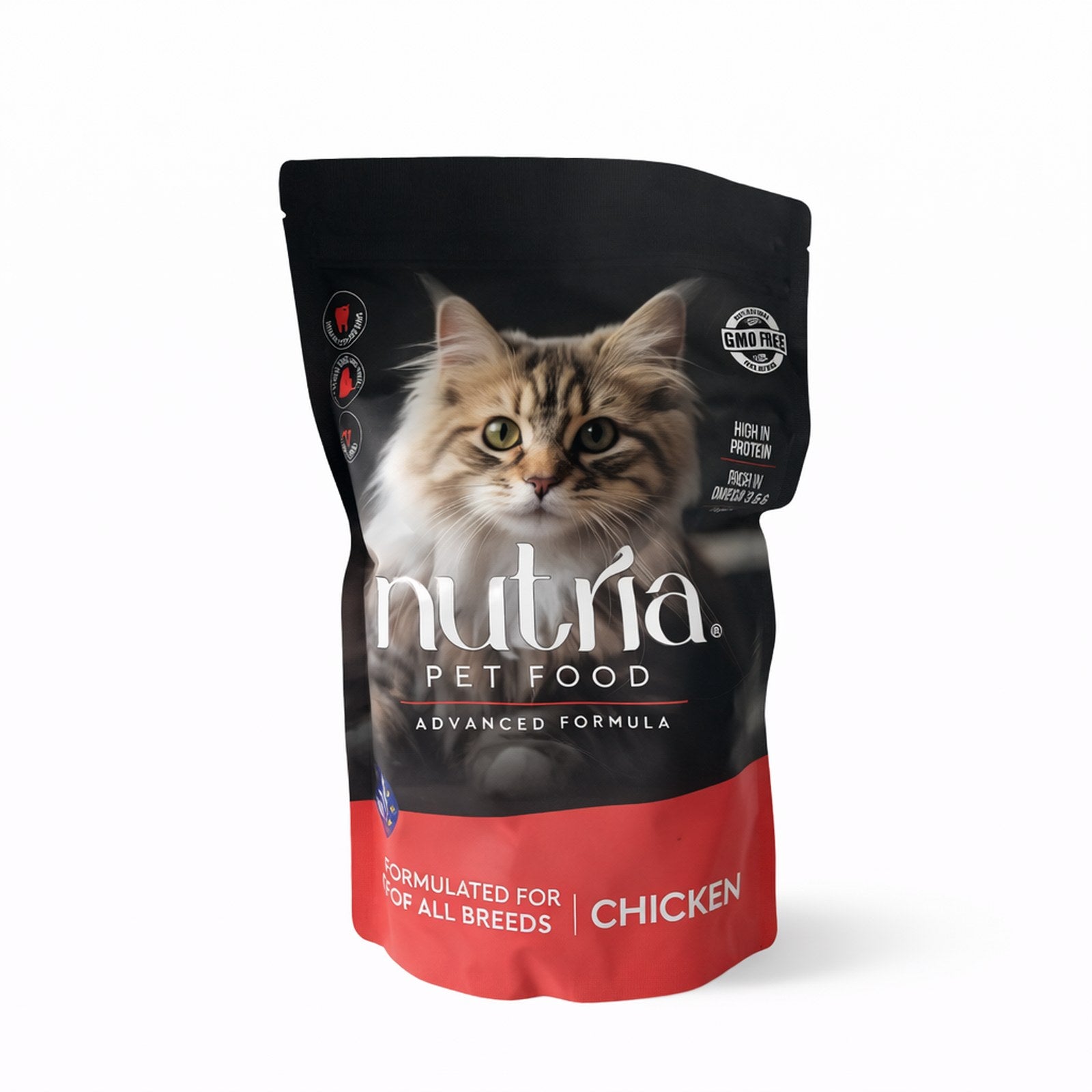 Nutria pet food package chicken taste advanced formula with a cat on the label against a white background