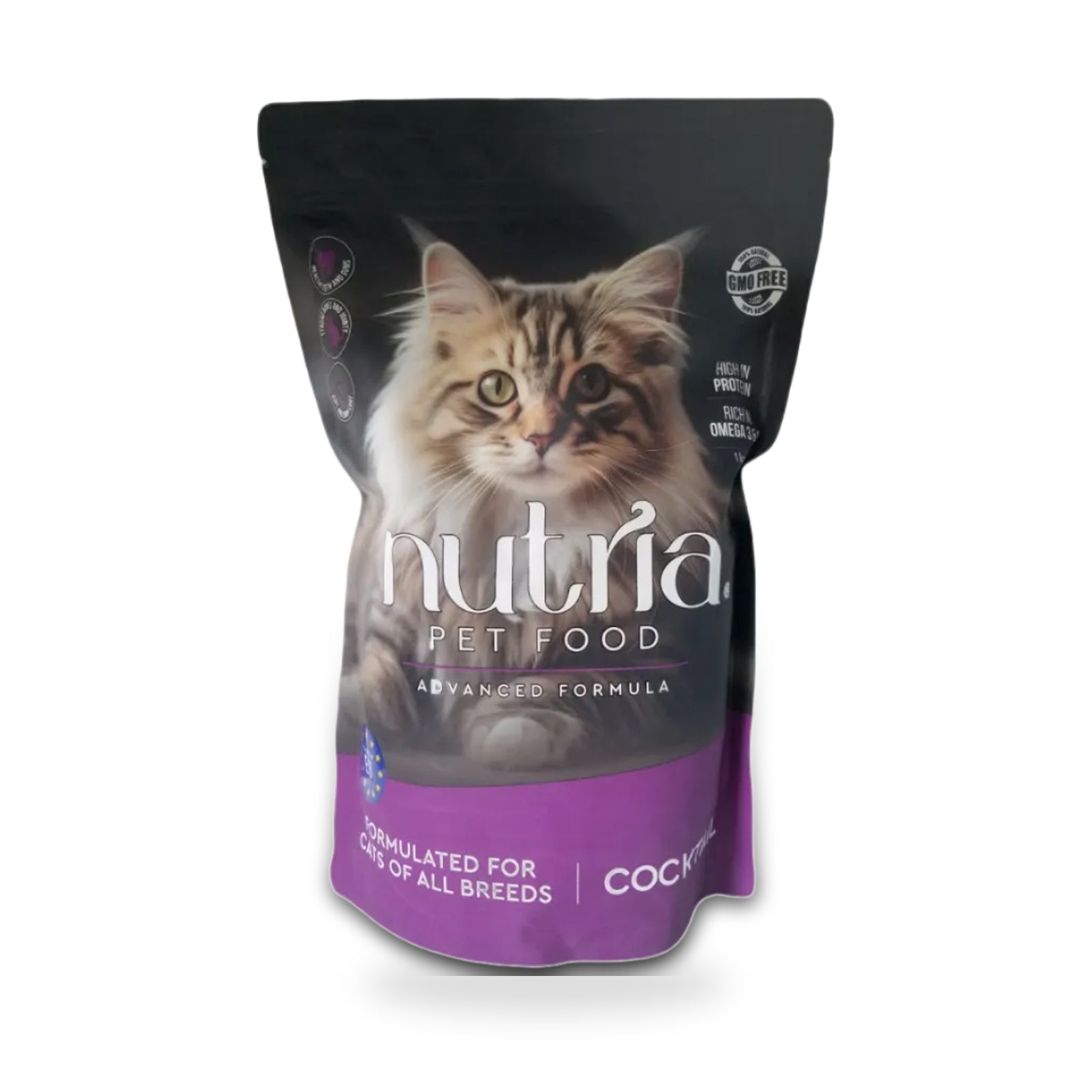 Nutria pet food package cocktail taste advanced formula with a cat on the label against a white background