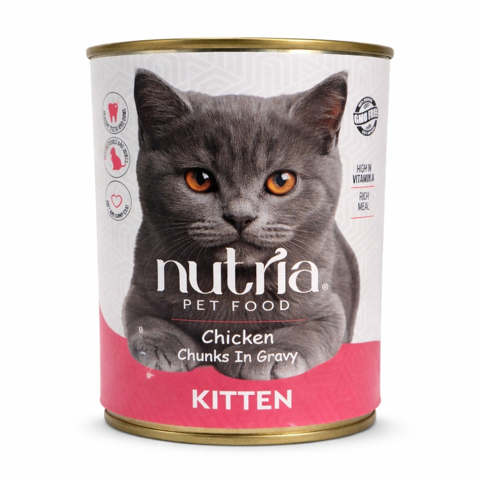 Can of Nutria kitten chicken chunks in gravy pet food with a gray cat on the label.