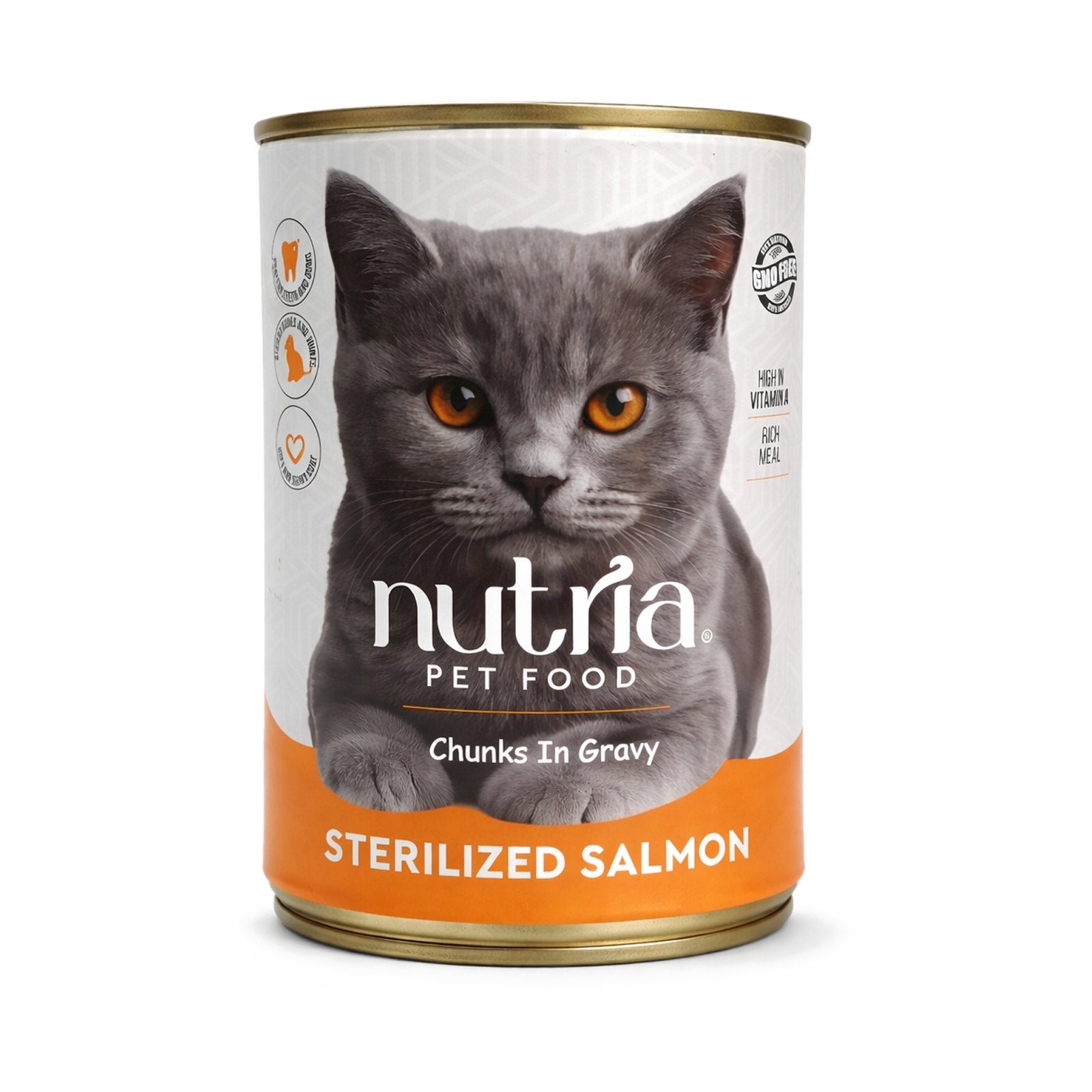 Can of Nutria Pet Food with a cat on the label on a white background