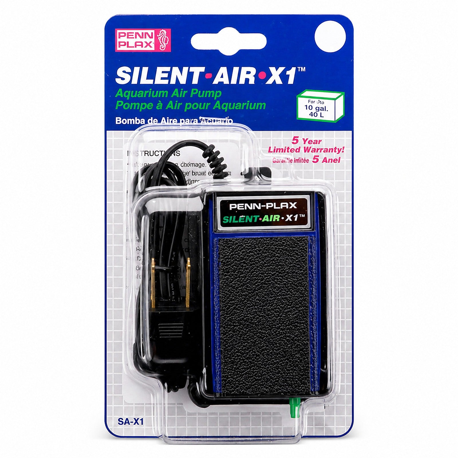 Penn Plax Silent Air X1 aquarium air pump in packaging on a white background
