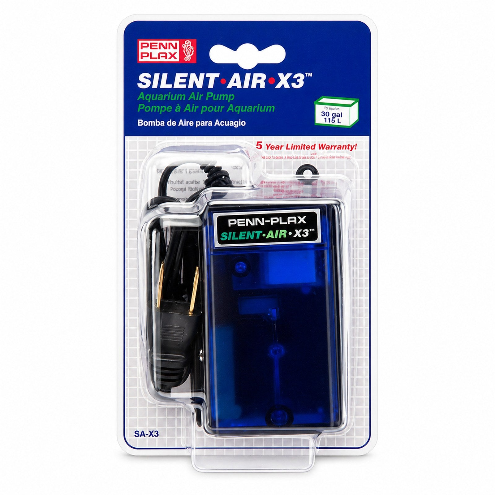 Packaged Penn Plax Silent Air X3 aquarium air pump on a white background