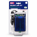 Packaged Penn-Plax Silent Air X4 aquarium air pump in blue retail blister packaging with visible cord, product label, tank-size icon, and warranty callout on a white background.