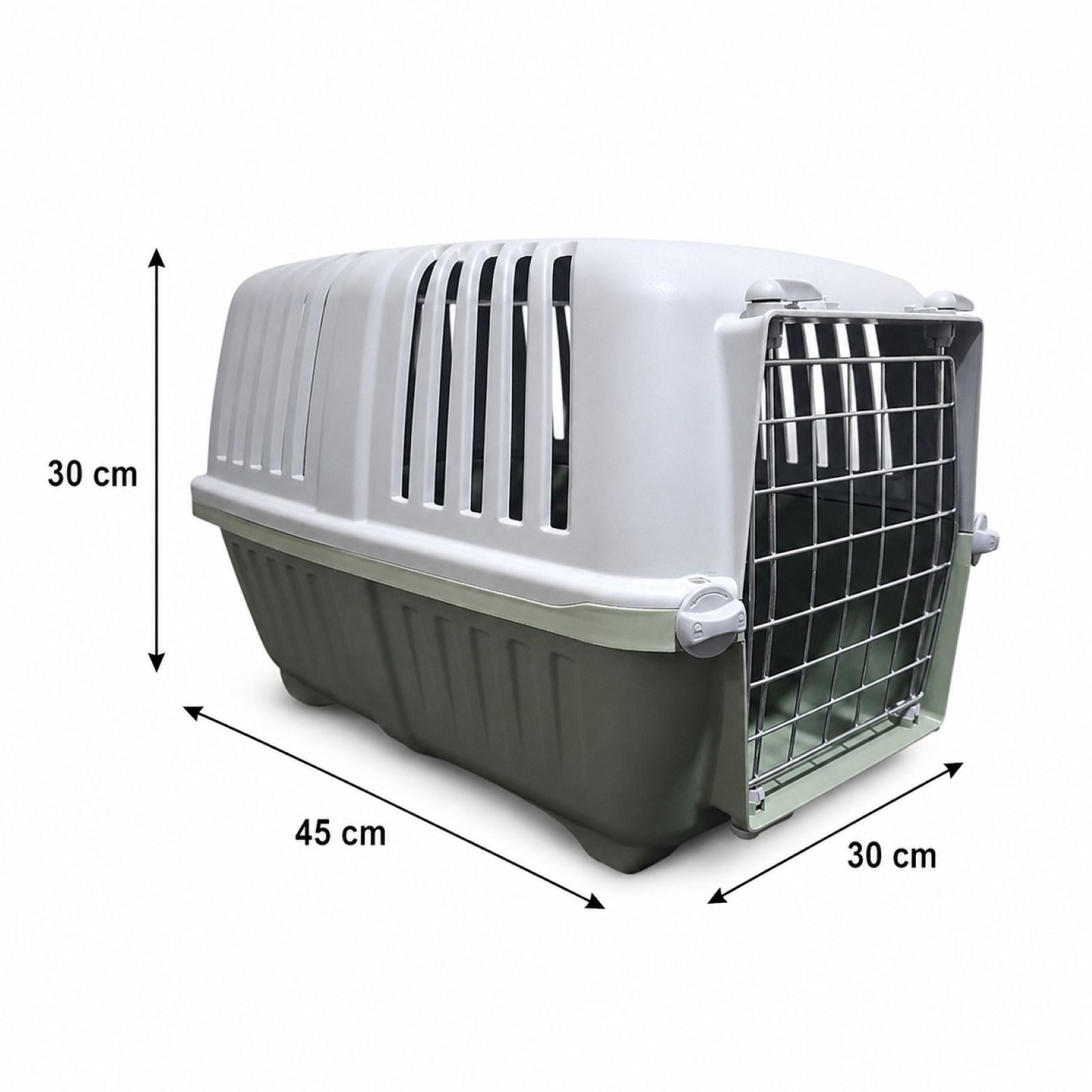 Pet carrier with dimensions indicated on a white background