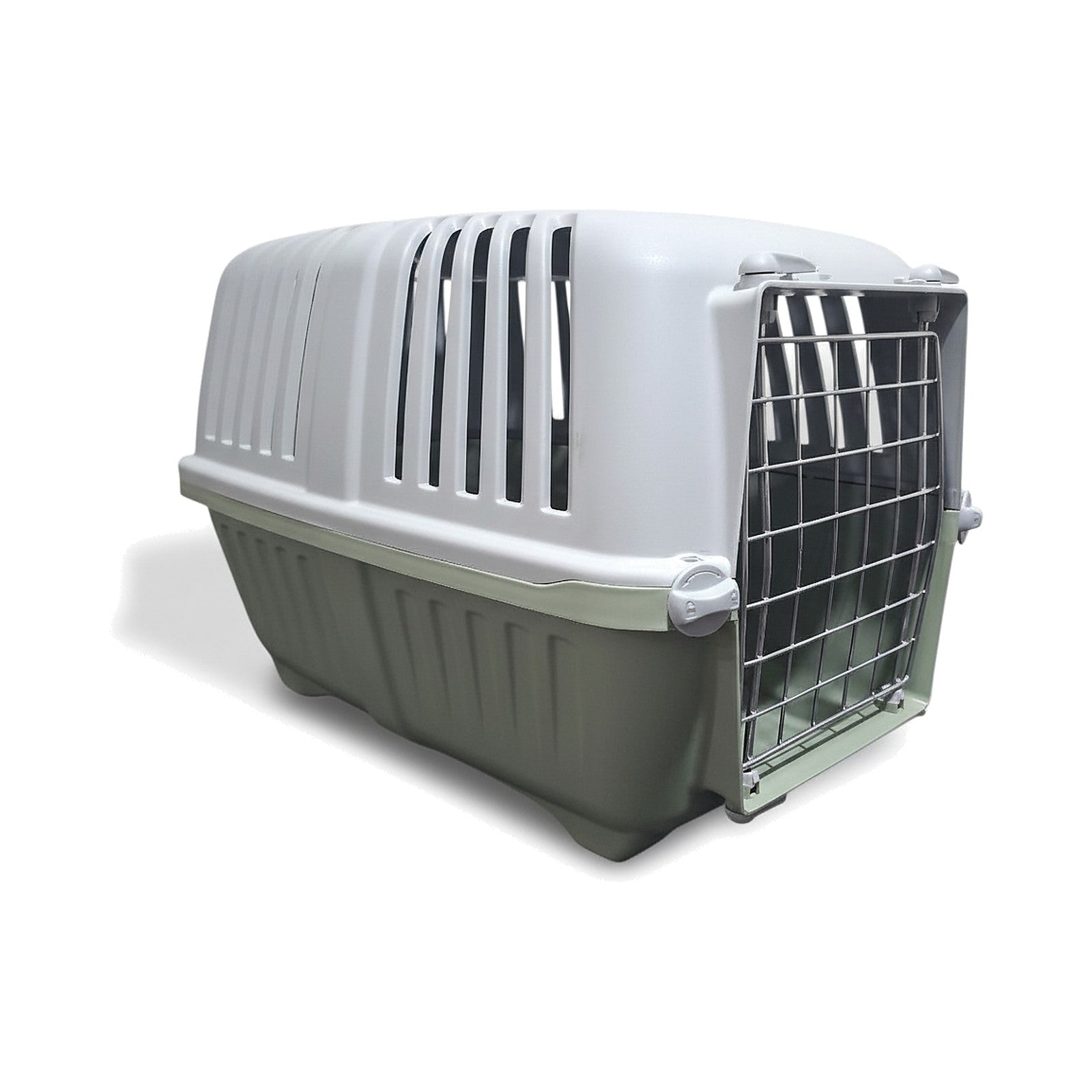 Pet carrier with a white top and gray bottom on a white background