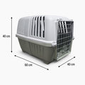 Pet carrier with dimensions indicated on a white background