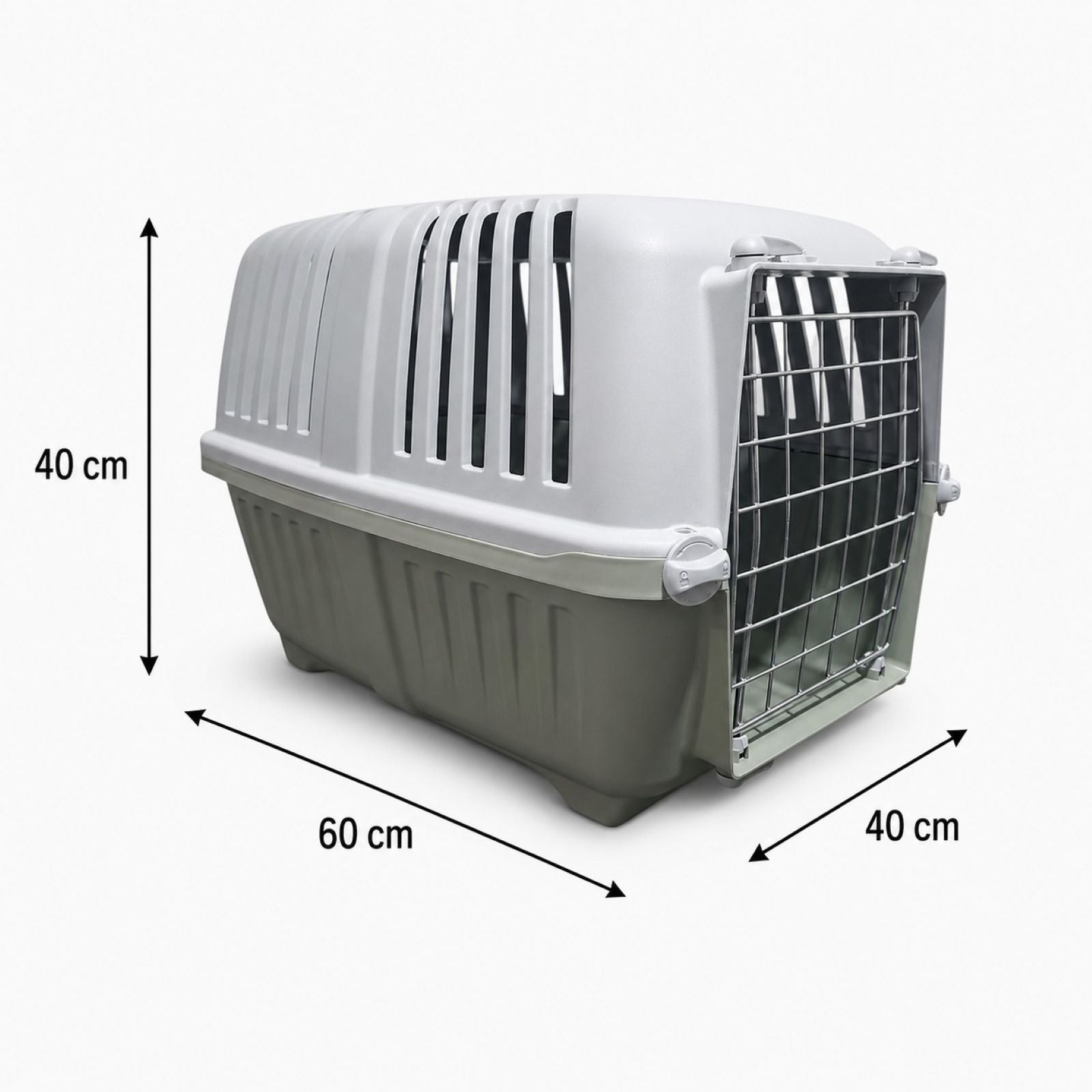 Pet carrier with dimensions indicated on a white background