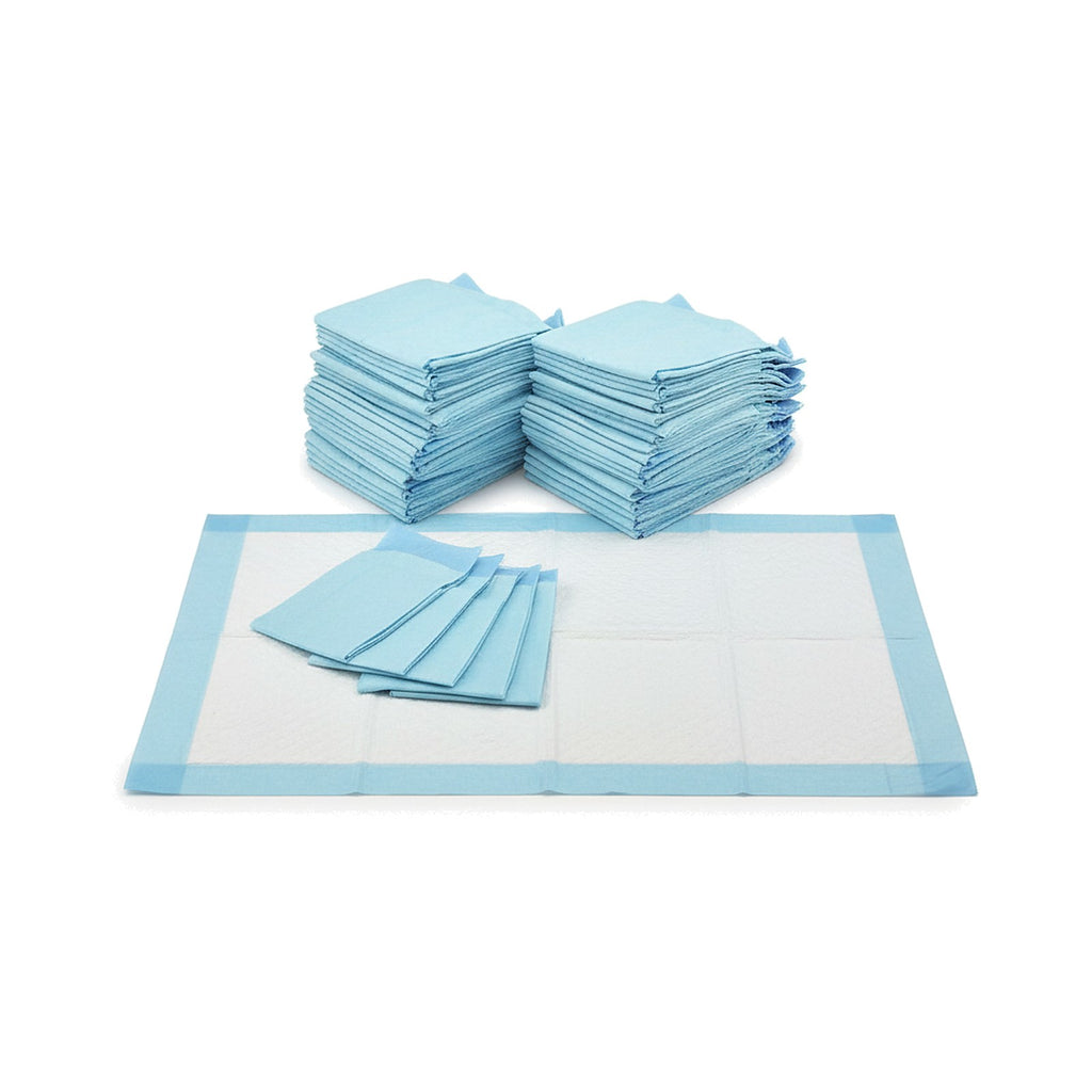 Stacks of blue disposable diapers on a white background
