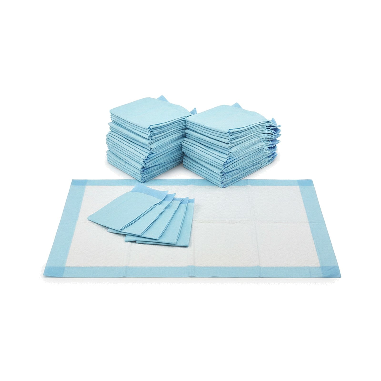 Stacks of blue disposable diapers on a white background