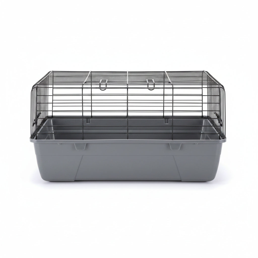 Small rabbit cage with a dark wire top and deep pink plastic base, shown at an angled view on a white background.