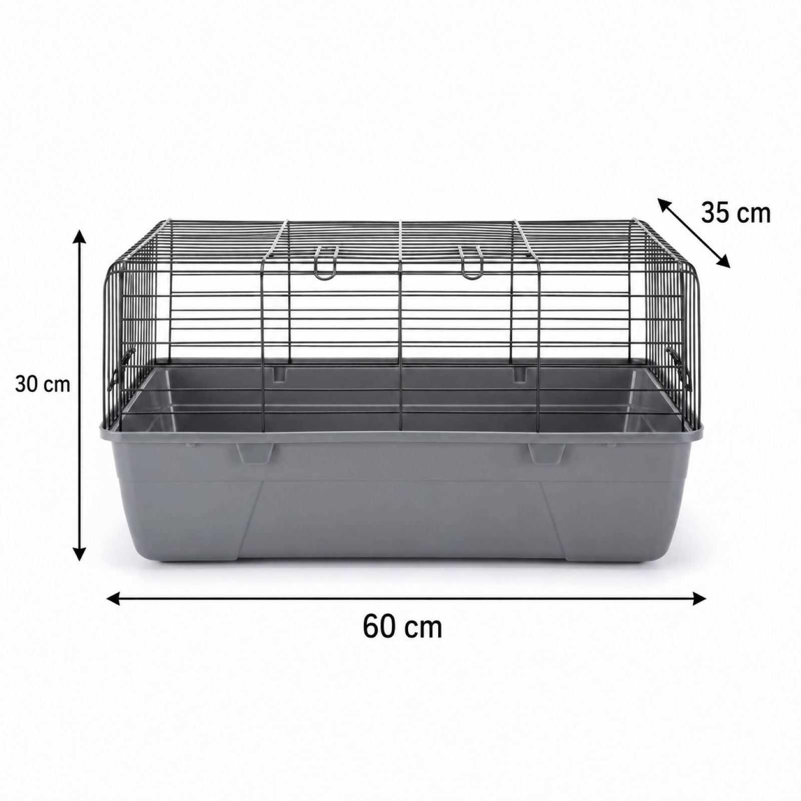 Pet cage with dimensions labeled on a white background