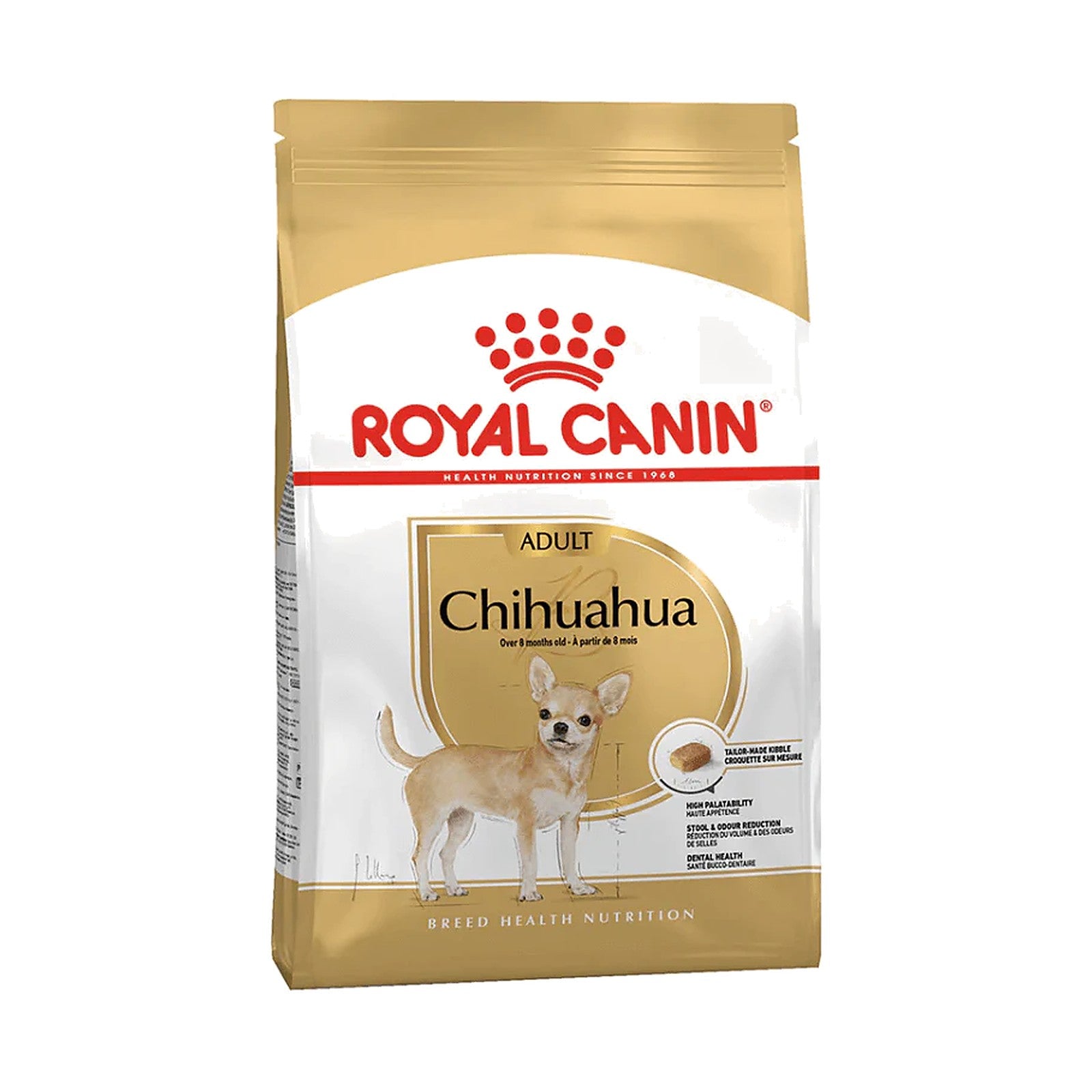 Bag of Royal Canin Chihuahua Adult dry dog food with gold and white packaging and a Chihuahua image