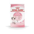 Bag of Royal Canin Kitten dry cat food with pink and white packaging and a kitten image on a white background