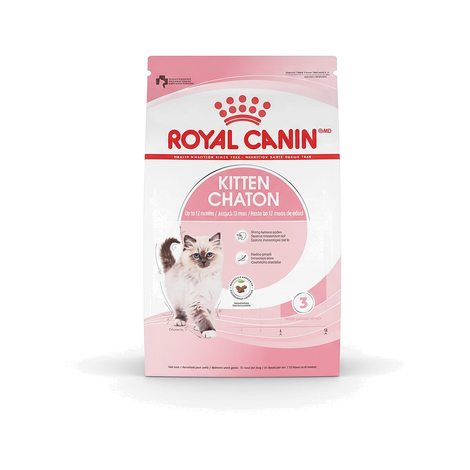 Bag of Royal Canin Kitten dry cat food with pink and white packaging and a kitten image on a white background