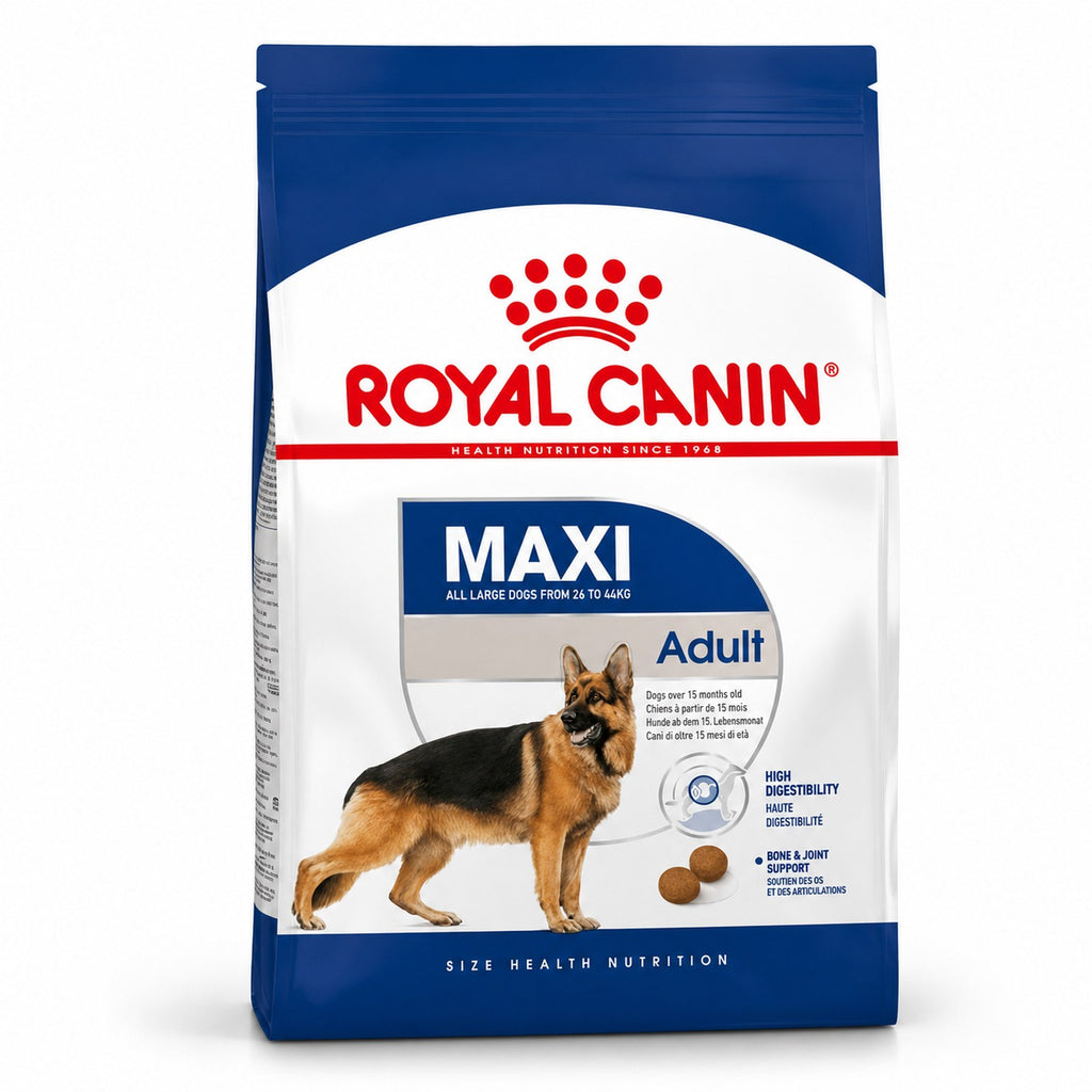 Packaged Royal Canin Maxi Adult dry dog food bag with white and blue design, red Royal Canin branding, and German Shepherd image on a white background
