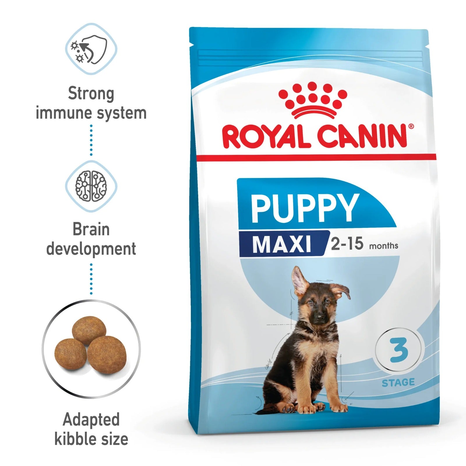 Royal Canin Puppy Maxi dog food package with key benefits highlighted
