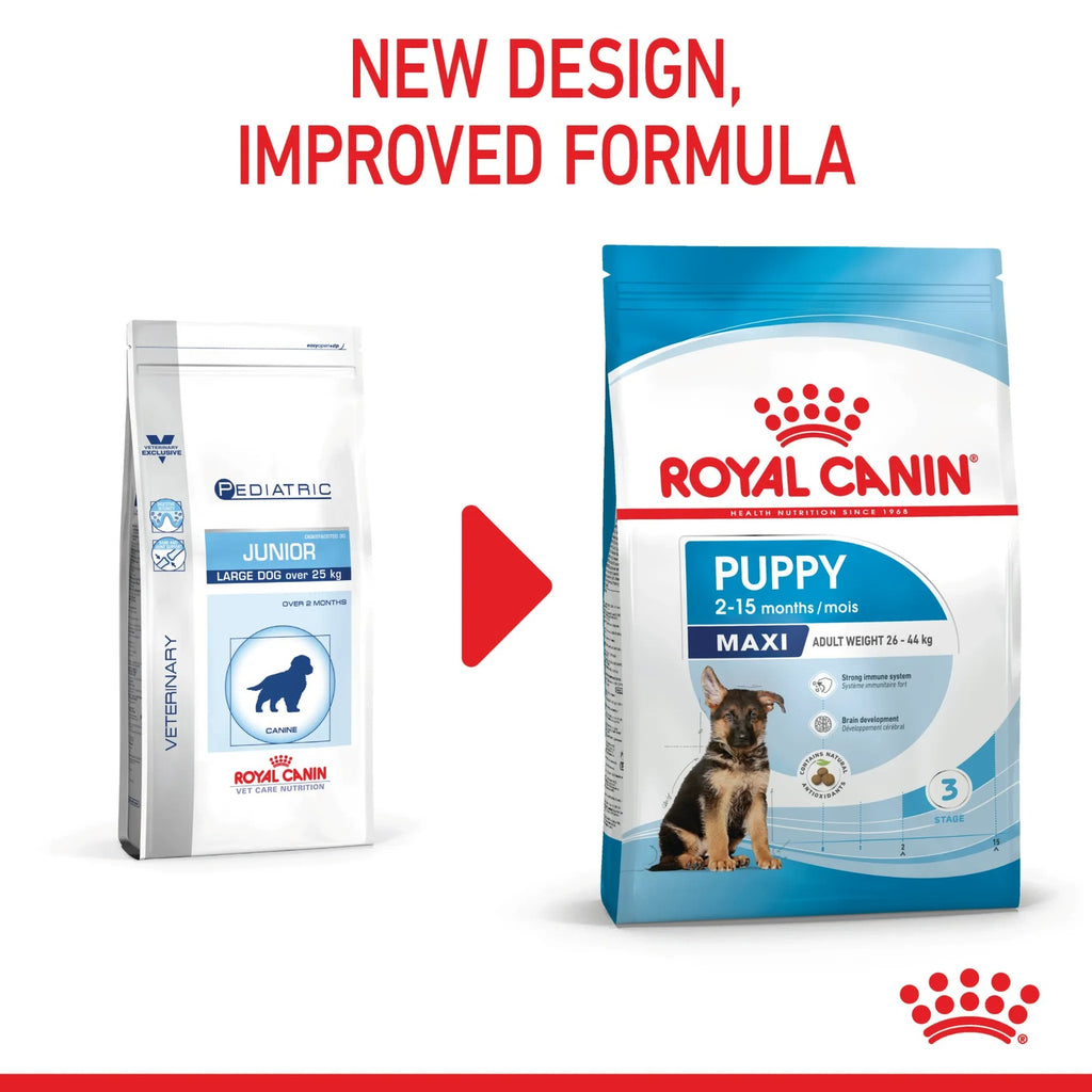 Two Royal Canin dog food packages with text indicating new design and improved formula on a white background.