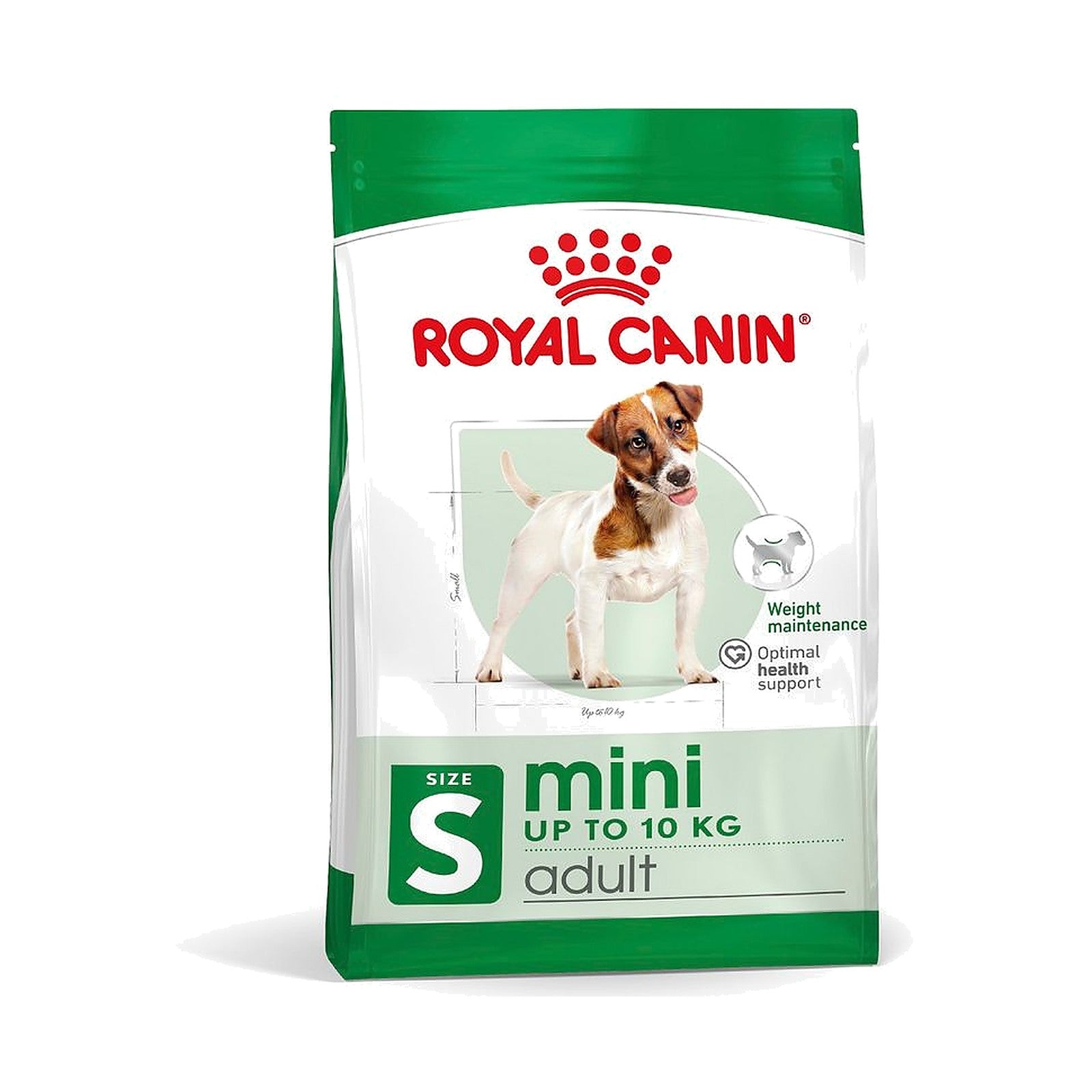 Bag of Royal Canin Mini Adult dry dog food with green and white packaging and a small dog image