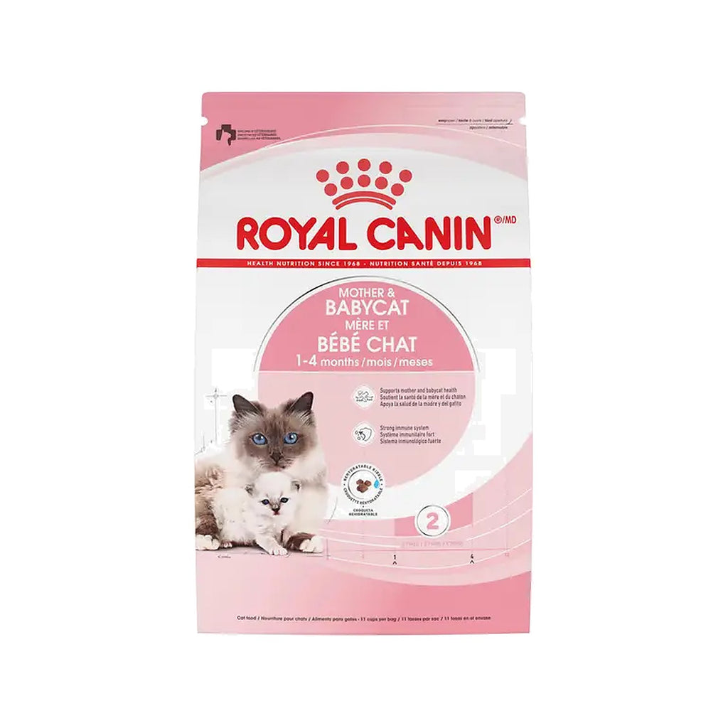 Bag of Royal Canin Mother & Babycat dry cat food with pink and white packaging and mother cat with kitten image