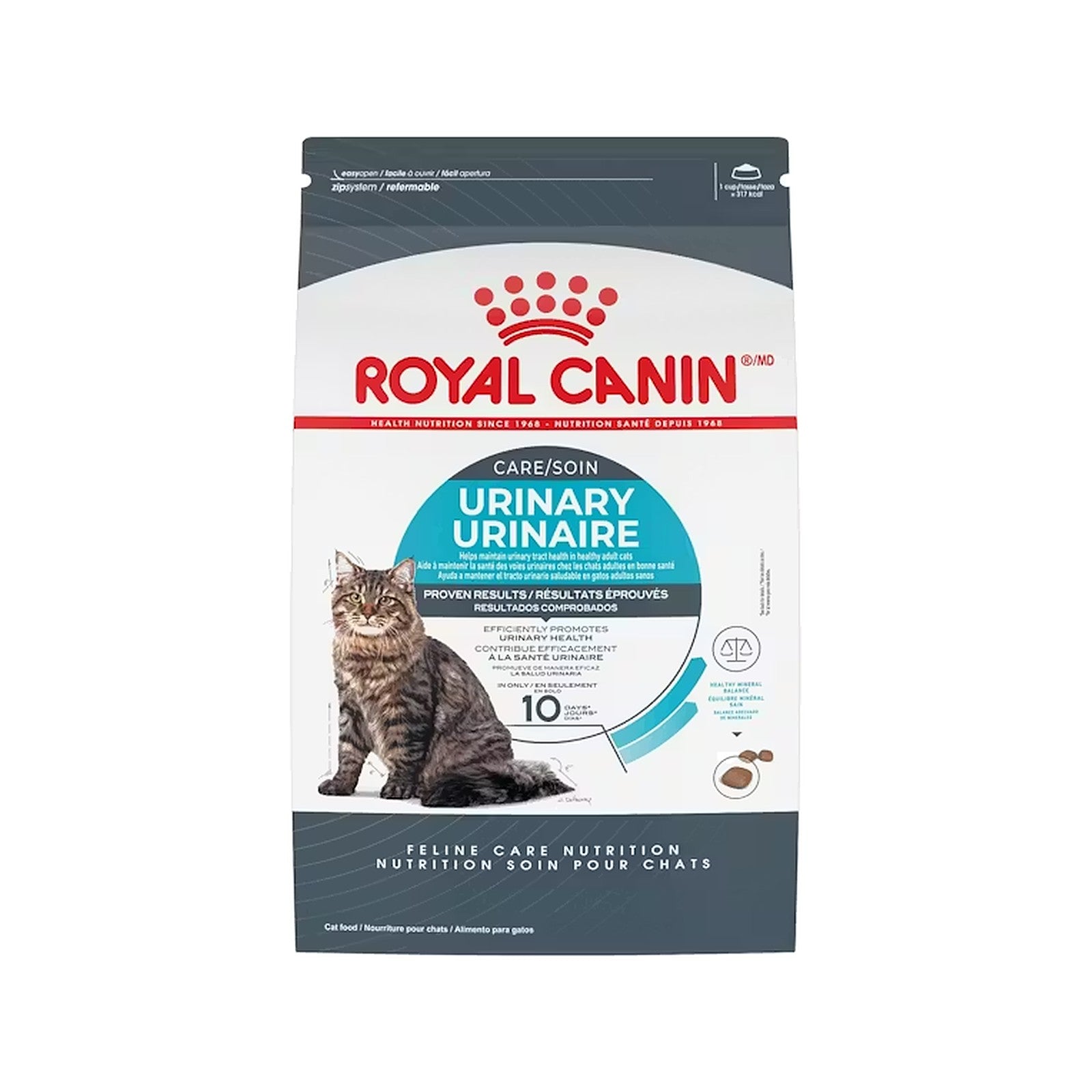 Bag of Royal Canin Urinary Care adult cat food with white packaging, yellow accent panel, and a cat image