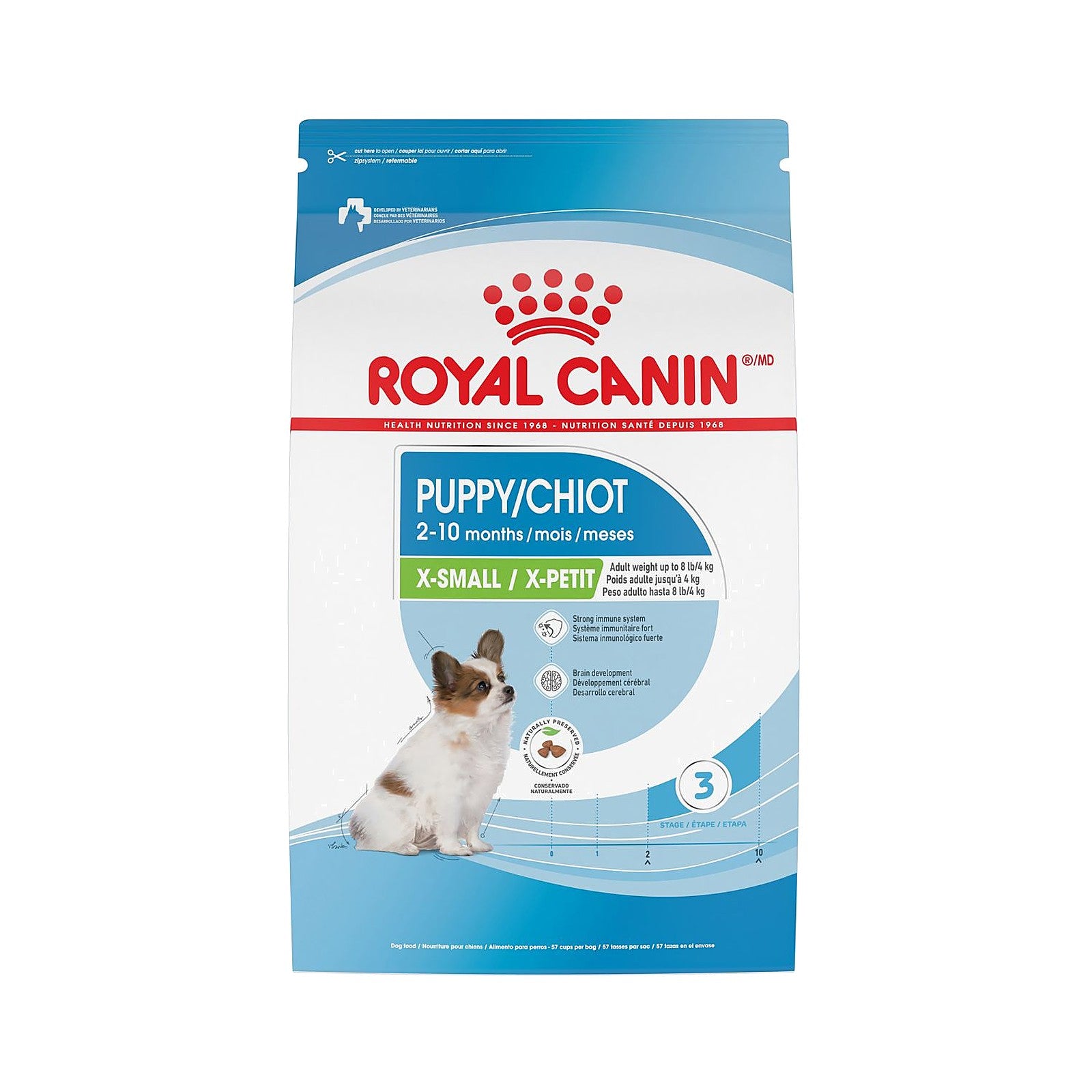 Bag of Royal Canin X-Small Puppy dry dog food with blue and white packaging and a small puppy image