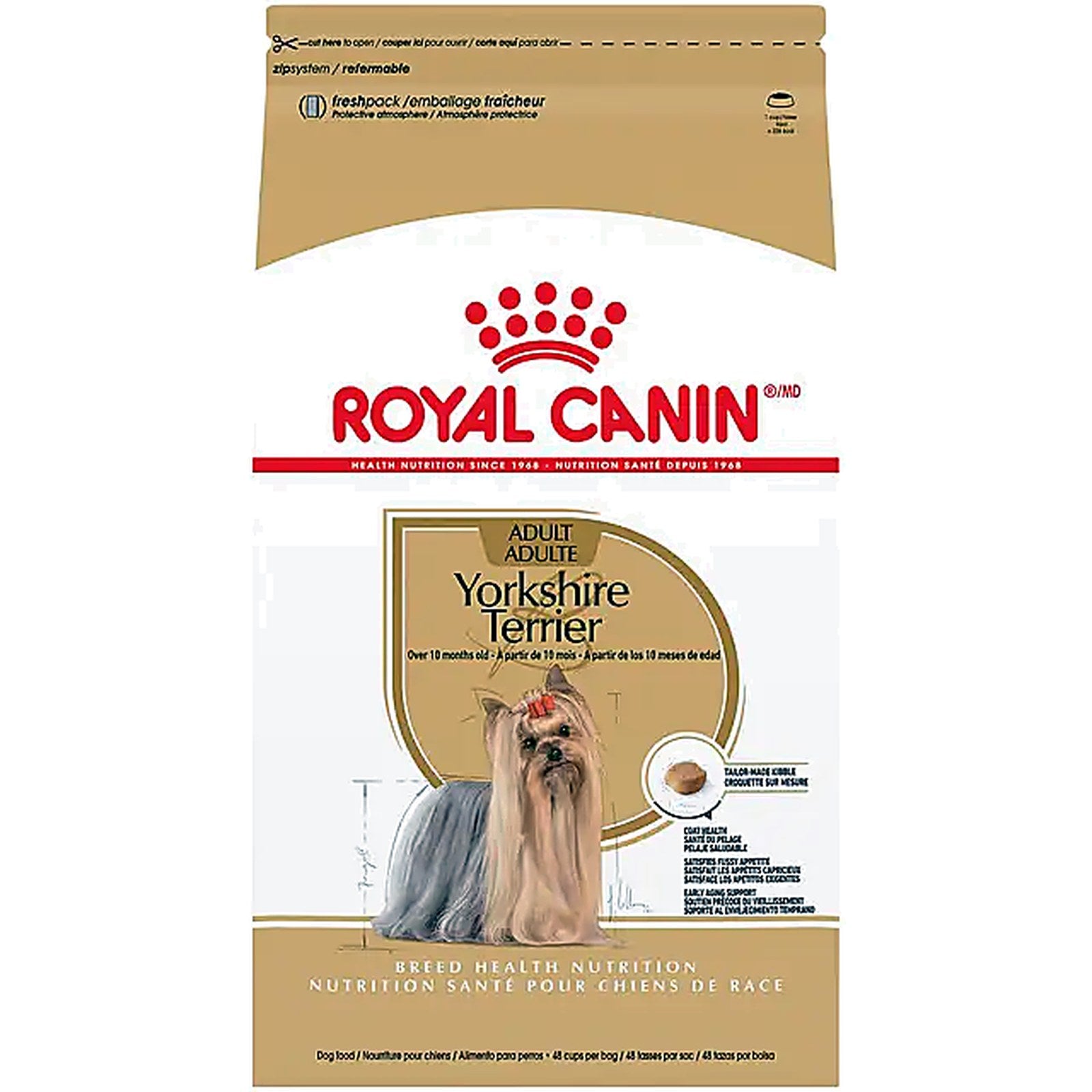 Royal Canin Yorkshire Terrier dog food packaging on a white background
