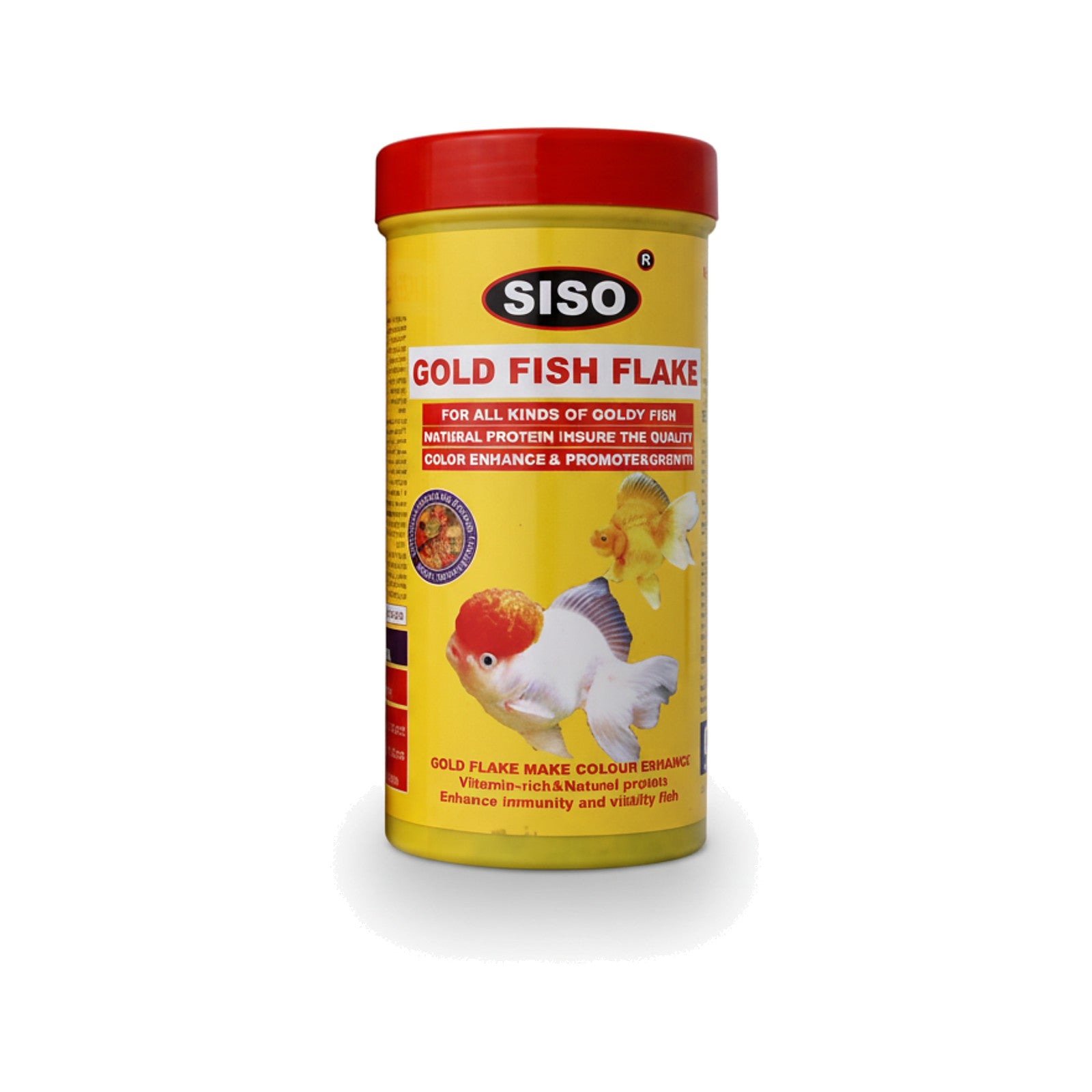 Gold Fish Flake fish food container with a red lid and goldfish graphics on a white background