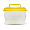 Clear small plastic tank with a yellow ventilated lid and carry handle on a white background