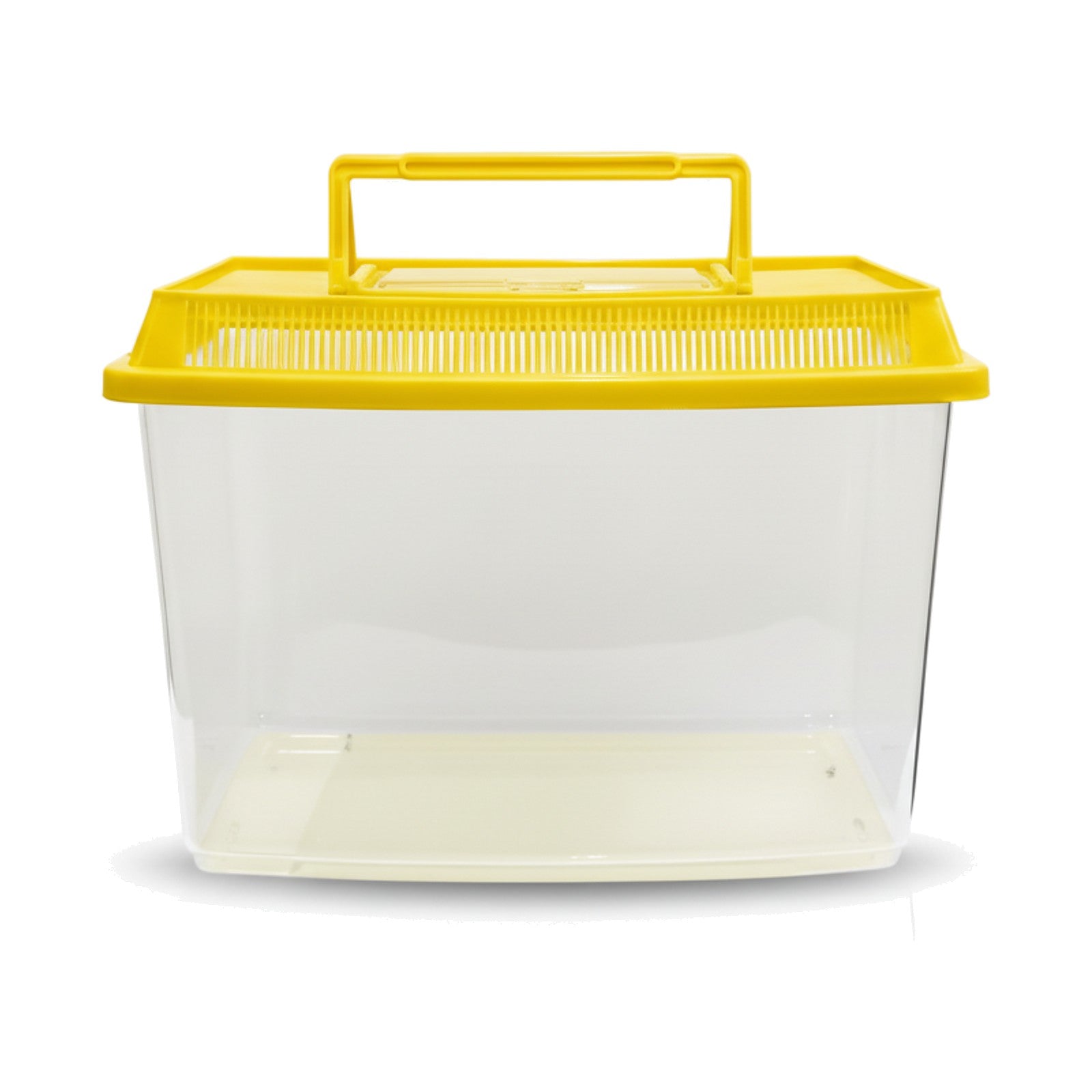 Clear small plastic tank with a yellow ventilated lid and carry handle on a white background