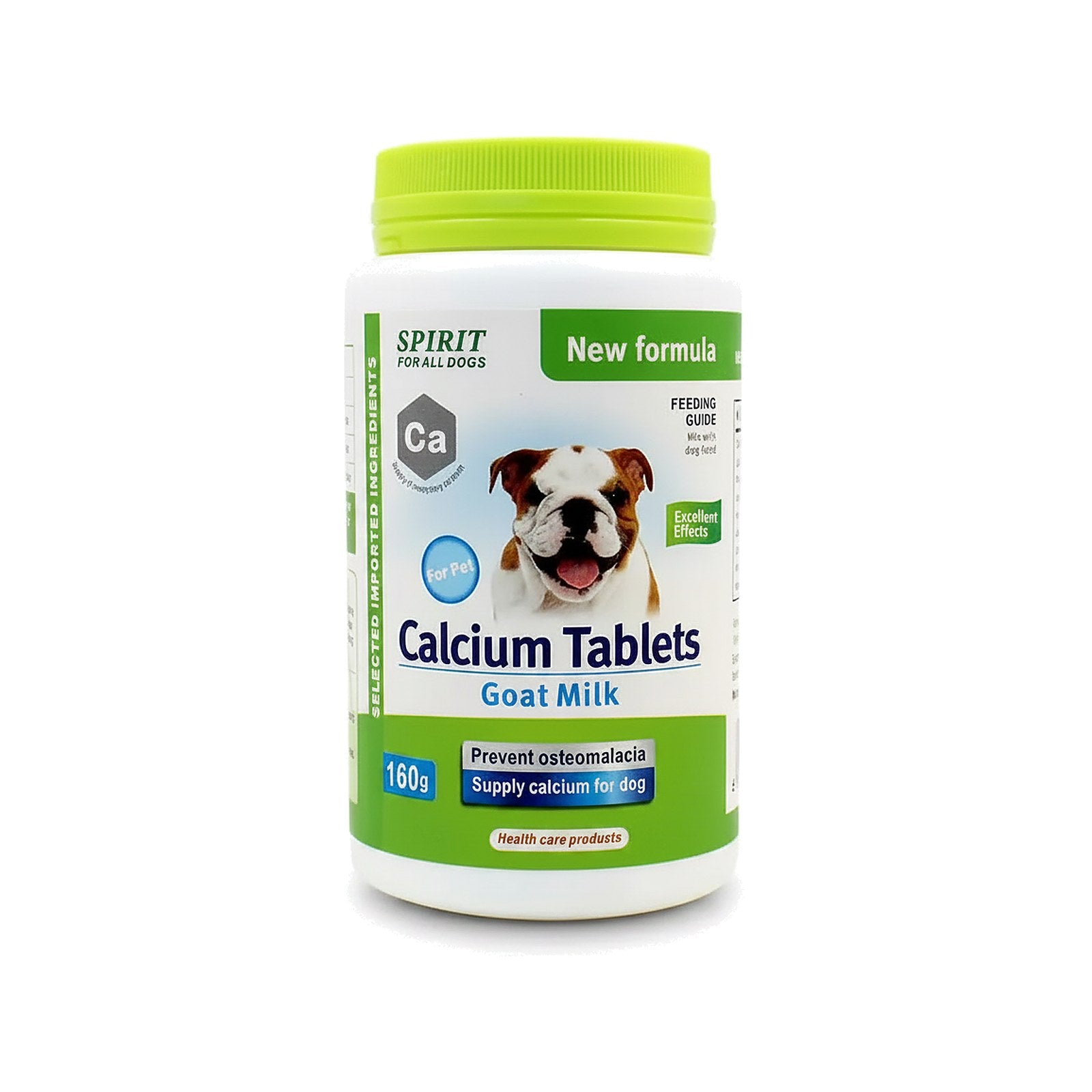 Bottle of calcium tablets for dogs with a green lid on a white background
