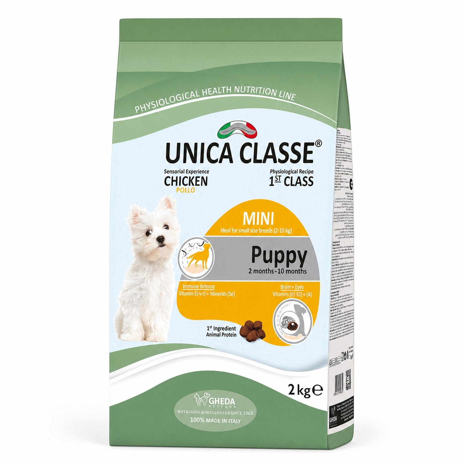 Packaged Unica Classe Puppy Mini Development Chicken dry dog food bag with green, white, and yellow design, puppy image, and 2 kg size on a white background
