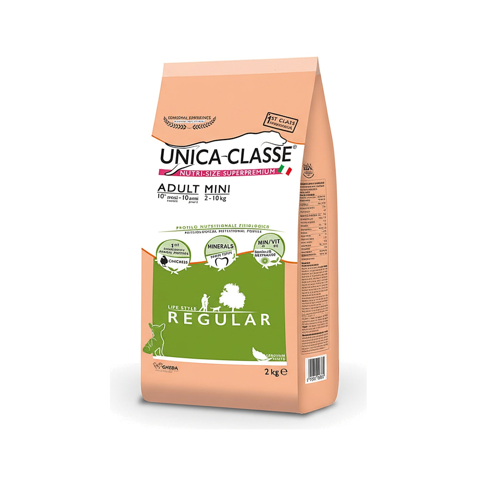 Packaged Unica Classe Regular Adult Mini pet food bag in peach and green